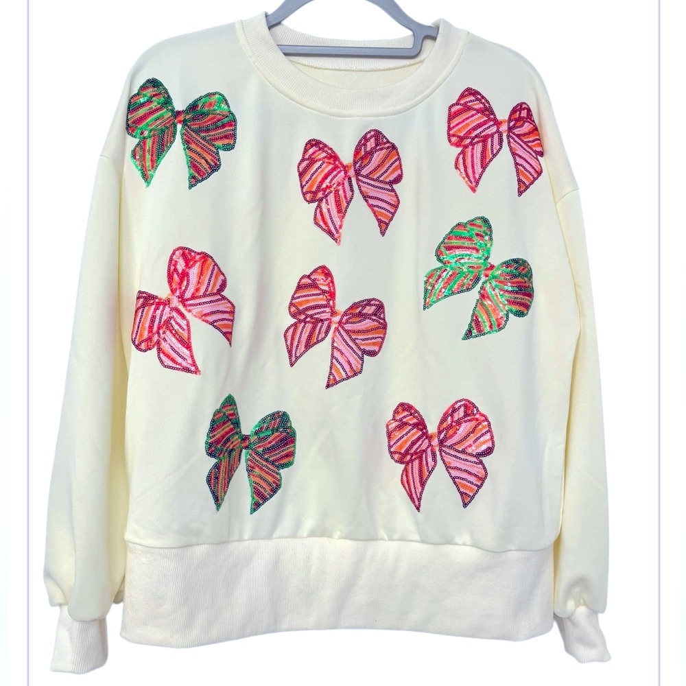 Cream Bow Appliqué Crewneck Sweatshirt